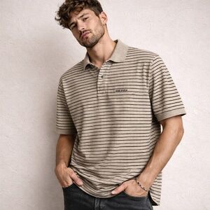 Hugo Boss Sport Striped Polo Shirt Designer Tan Black Cotton Short Sleeve XL